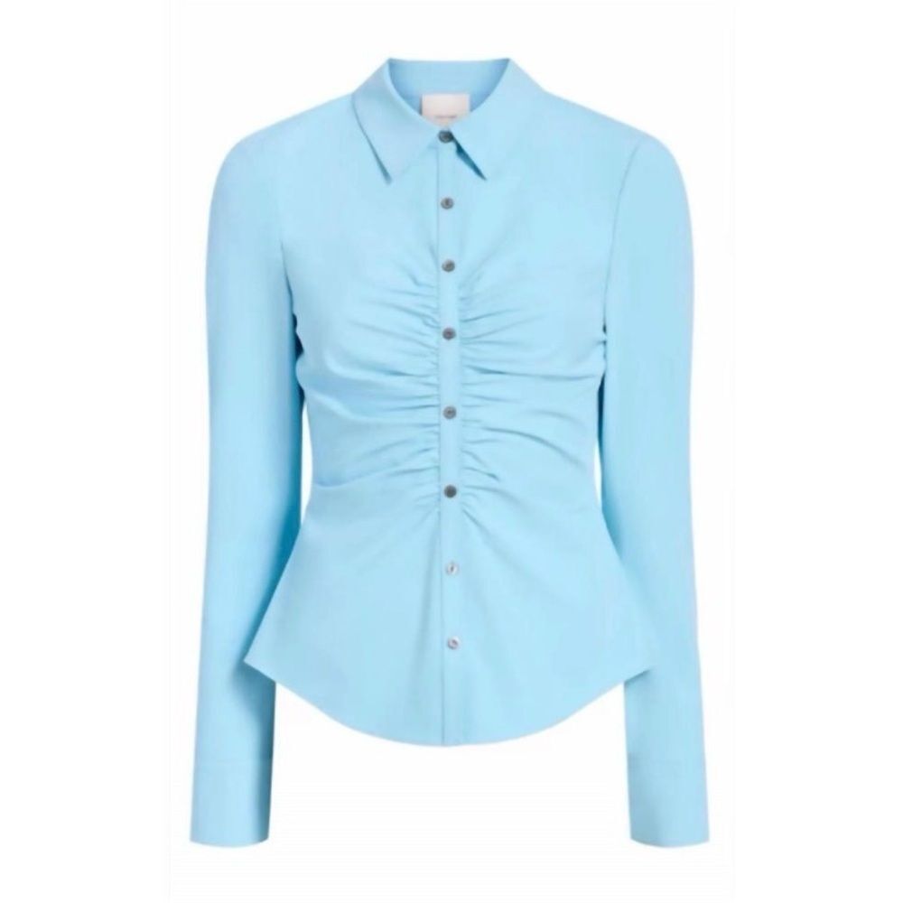 Cinq a Sept Aqua Fria Sienna Ruched Button Down Blouse Size Large - Stains